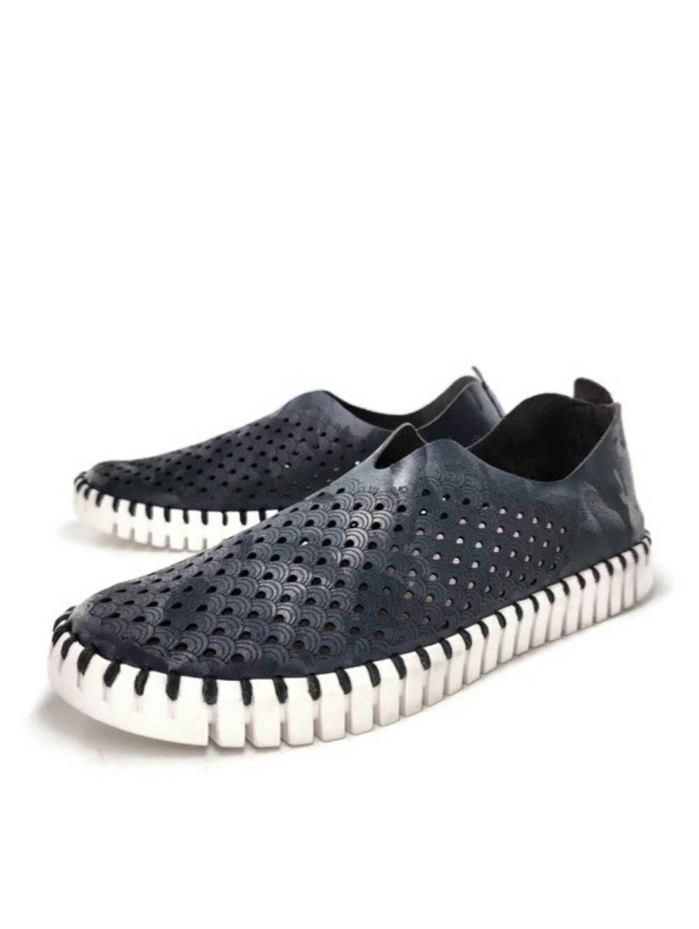 Ilse Jacobsen Tulip Navy Blue Camo Laser Cut Mircofiber Slip-On Loafer Flats